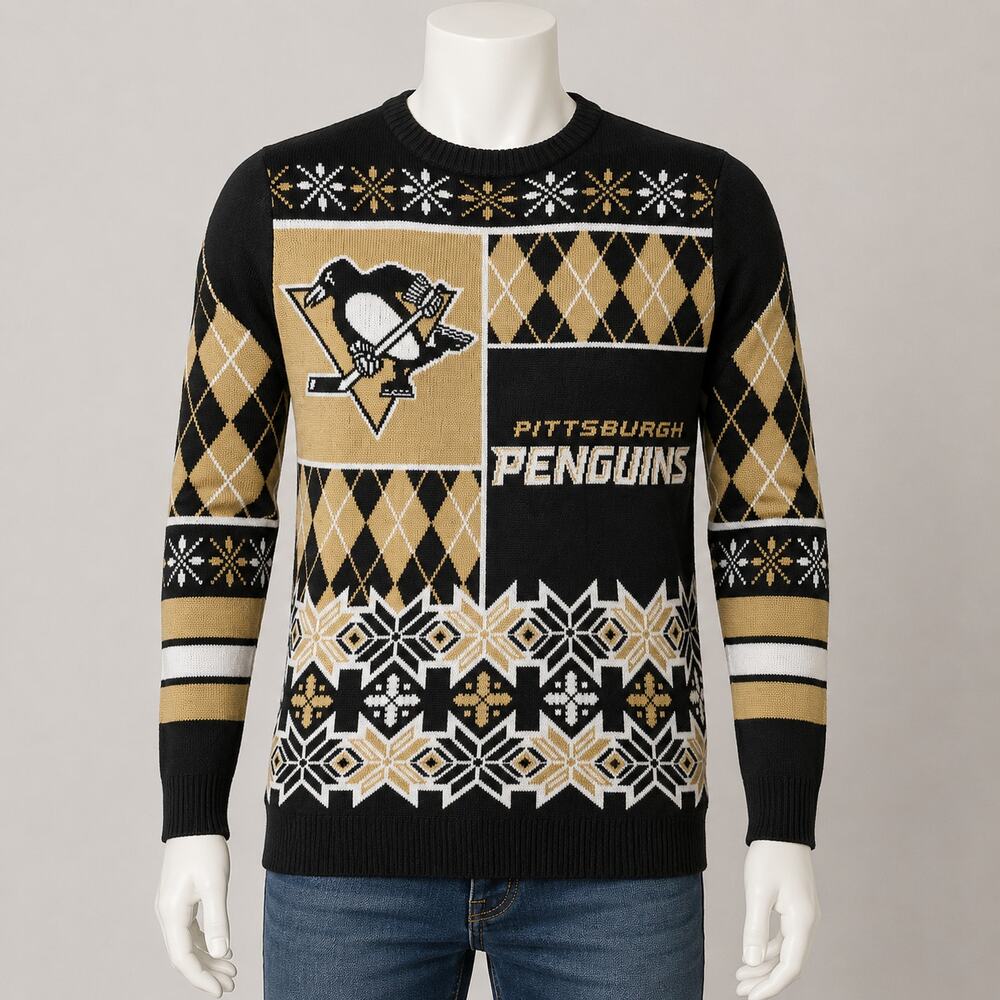 Pittsburgh Penguins NHL Ugly Christmas Sweater Men's Size S Black Gold Pullover